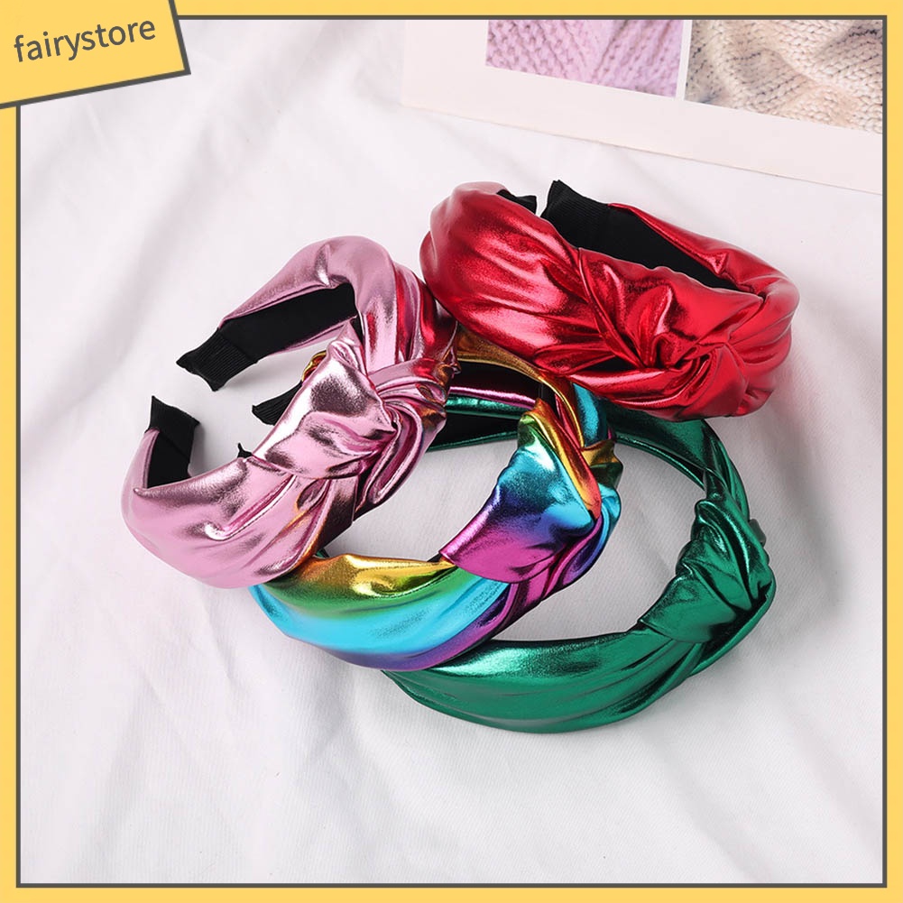 Băng Đô Cài Tóc Bản Rộng Giả Da Thắt Nút Màu Trơn Cho Nữ