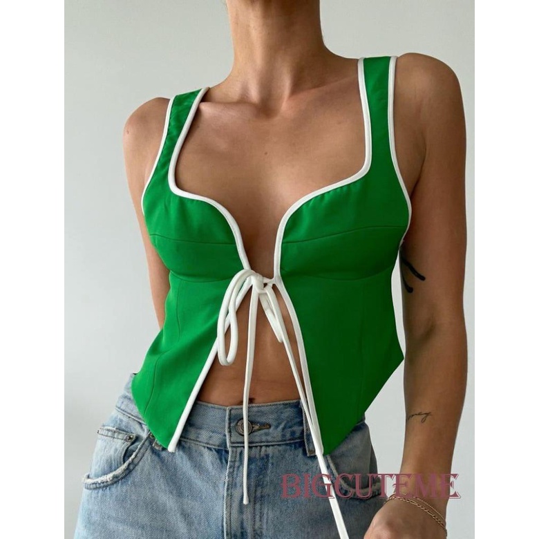 [] - Áo Crop Top Không Tay Cột Dây Phía Trước Ôm Dáng Màu Sắc Tương Phản Thời Trang Mùa Hè