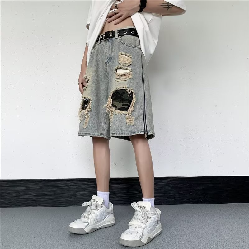 Quần Short Denim Họa Tiết Rằn Ri Phong Cách Đường Phố Mùa Hè Cho Nam