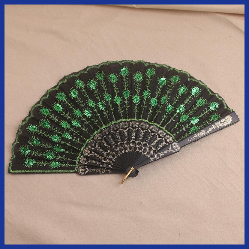 Quạt Xếp Cầm Tay Bằng Nhựa Thêu Họa Tiết Chim Công Đính Kim Sa Phong Cách Trung Hoa