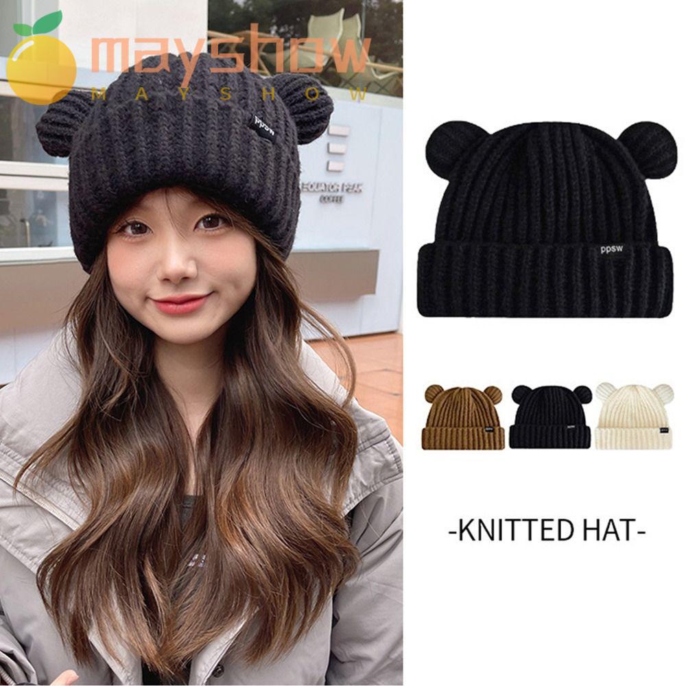 Mũ Len Dệt Kim Đính Tai Gấu Giữ Ấm Mùa Thu Đông