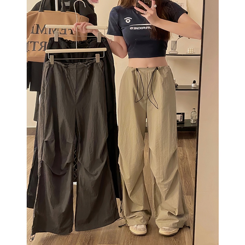 SUXI Quần ống rộng Lưng Cao Phối Dây Rút Thời Trang Mùa Hè Phong Cách Vintage