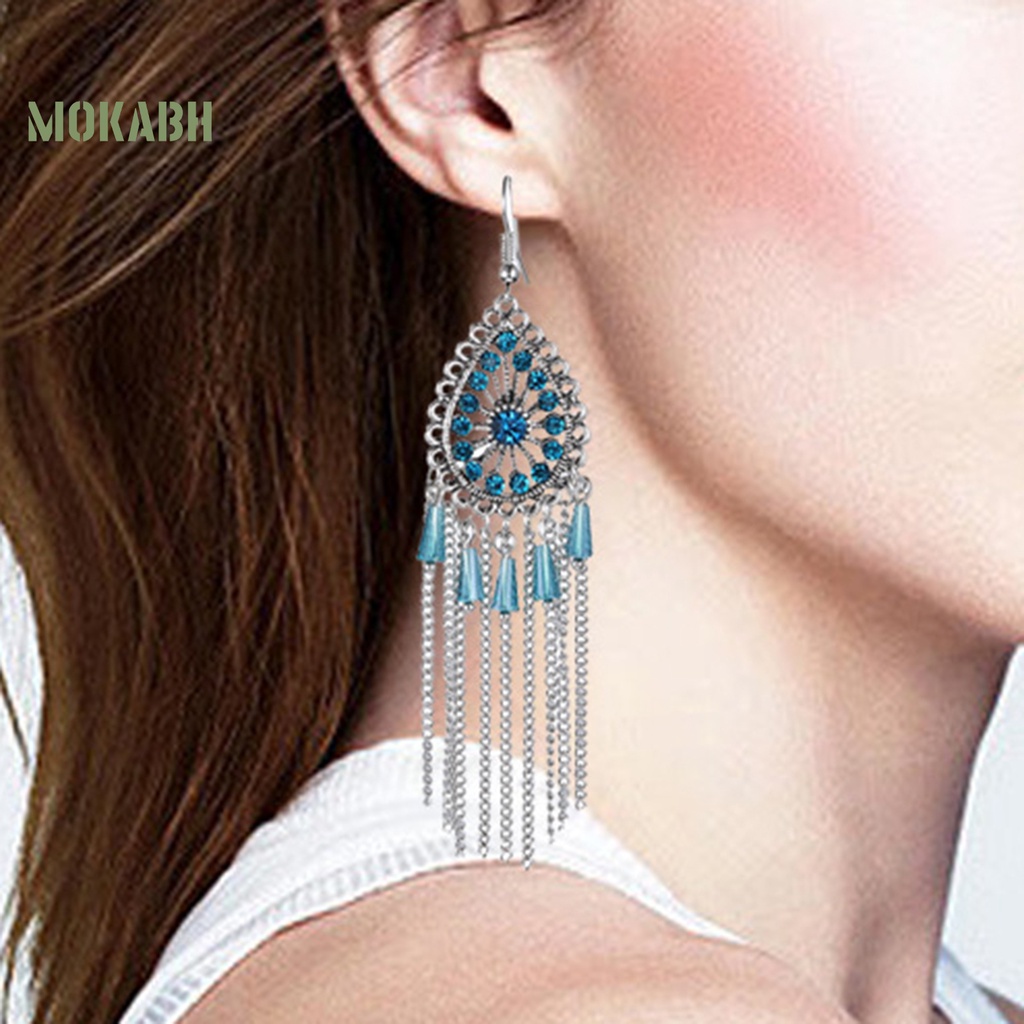 1 Đôi Bông Tai Hình Giọt Nước Có Đính Đá Và Tua Rua Theo Phong Cách Vintage Dành Cho Nữ