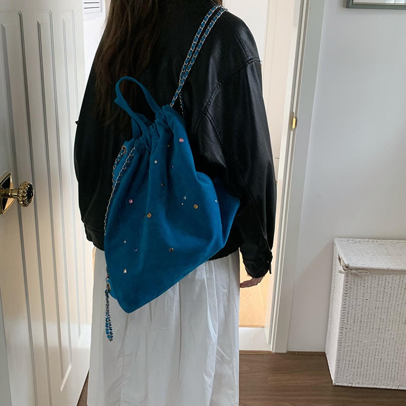 Ielgy Ba Lô Dây Rút Bằng Da Lộn Nhám Đính Đá Nhiều Màu Sắc Thiết Kế Túi Dây Rút Cho Nữ