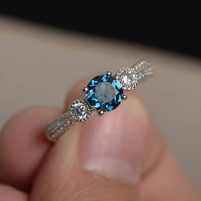 Nhẫn Cưới Thép Titan Đính Đá Zircon Xanh Dương Thanh Lịch Thời Trang Cho Nữ