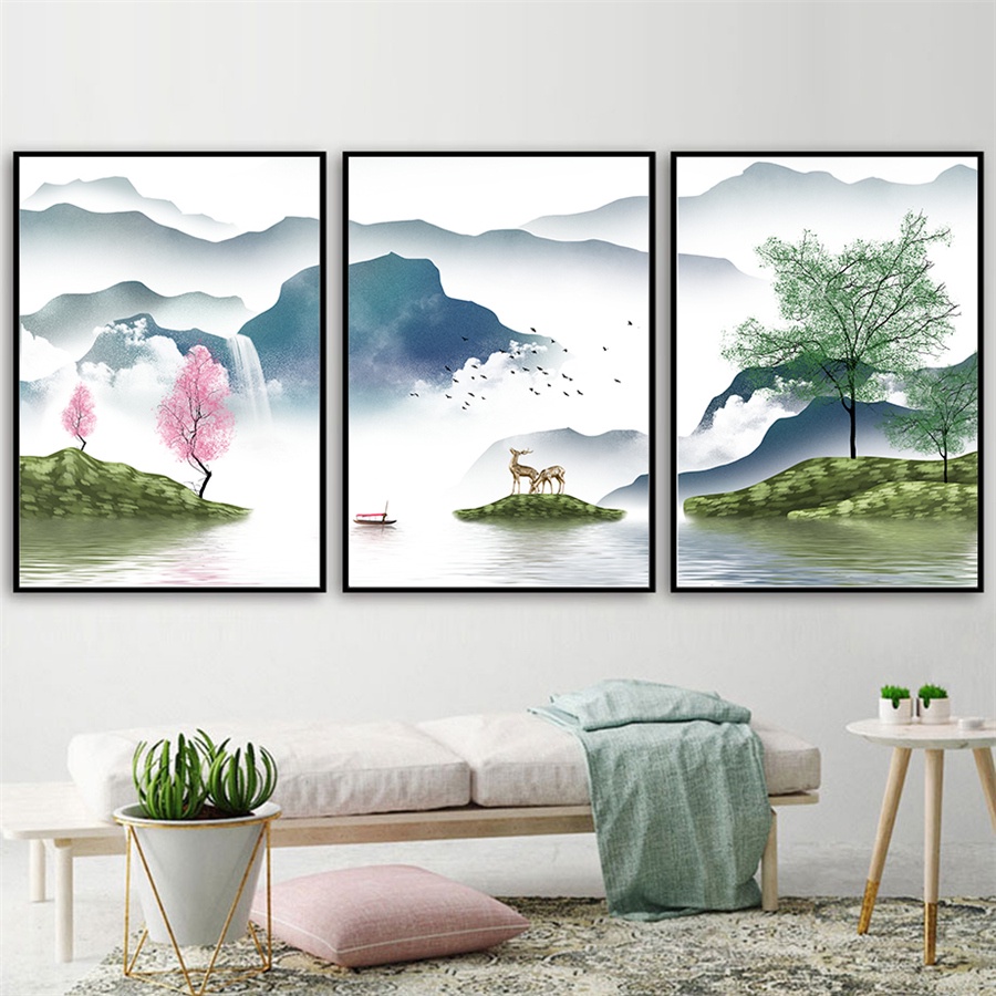 Tranh Vải Bạt Treo Tường In Hình Phong Cảnh Núi Sương Mù Màu Hồng Trang Trí Nhà Cửa