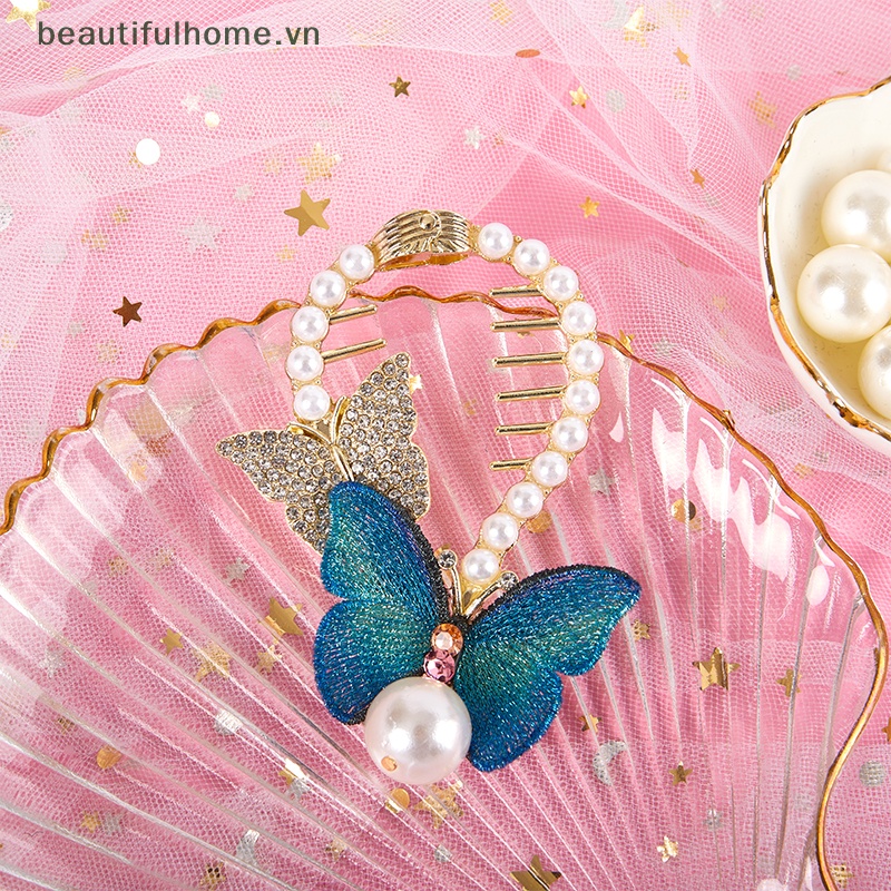 Kẹp Tóc Càng Cua Đính Đá Ngọc Trai Hình Bướm Xinh Xắn Cho Nữ