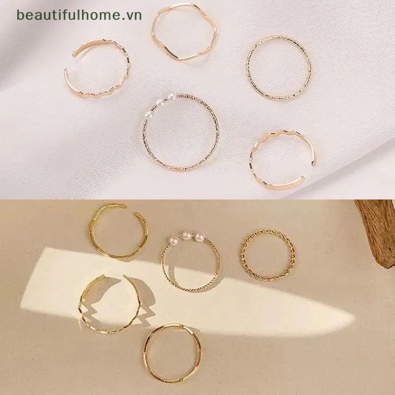 Bộ 5 Nhẫn Đeo Tay Đính Ngọc Trai Hình Lượn Sóng Phong Cách Hàn Quốc Thời Trang Cho Nữ