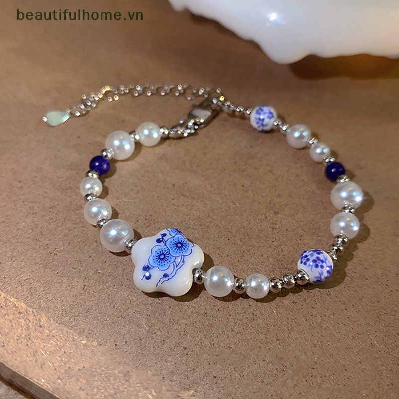 [beautifulhome] Vòng Tay Hoa Sứ Trắng Xanh Trung Quốc Thời Trang Phụ Kiện Trang Sức [beauty]