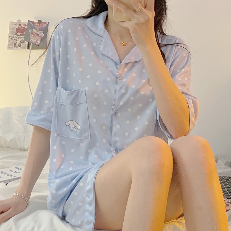 Bộ Đồ Ngủ Ngắn Tay Họa Tiết Chấm Bi Hoạt Hình Dễ Thương Dành Cho Nữ