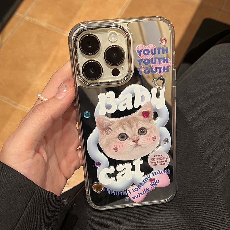 Ốp Điện Thoại Mềm Chống Sốc Tráng Gương In Hình Mèo Hoạt Hình Dễ Thương Có Giá Đỡ Cho iPhone 14 13 12 11 Pro Max 14 Plus
