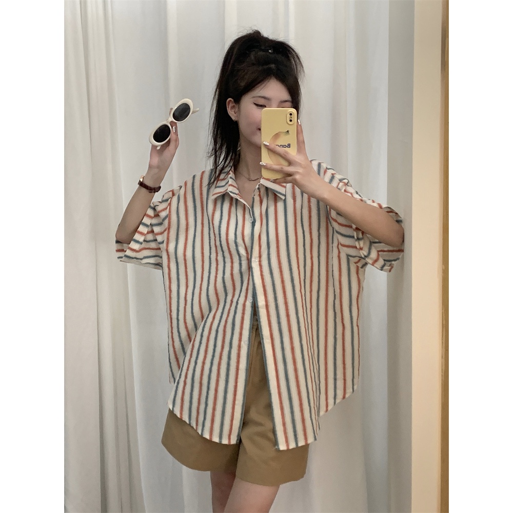 Áo Sơ Mi Tay Ngắn Dáng Rộng Họa Tiết Kẻ Sọc Tương Phản Thời Trang Mùa