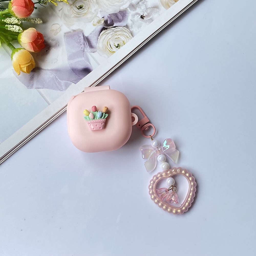 Vỏ Bảo Vệ Hộp Sạc Tai Nghe Samsung Galaxy buds live / buds 2 pro Galaxy buds 2 Bằng Silicon Họa Tiết Hoa tulip Dễ Thương Kèm Móc Treo Chìa Khóa