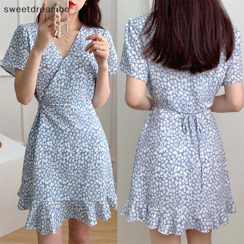 Swe ngắn tay áo váy phụ nữ v-cổ Mini in hoa ngọt ngào Phong Cách Hàn Quốc mùa hè giải trí váy drn