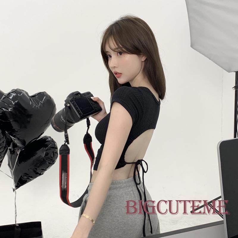 [] Áo Thun Crop Top Tay Ngắn Hở Lưng Màu Trơn Buộc Dây Co Giãn Mùa Hè Cho Nữ