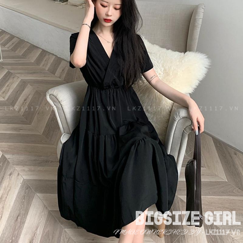 Váy đầm nữ Bigsize Đầm dự tiệc sang trọng dáng dài tay ngắn cổ chữ v đen mùa hè Phong cách Hàn Quốc Thời Trang đẹp