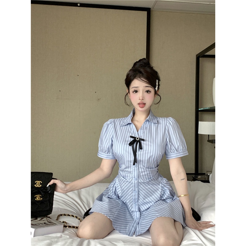 Bộ Áo Sơ Mi POLO Kẻ Sọc + Chân Váy Ngắn Lưng Cao Thời Trang Mùa Hè Cho Nữ