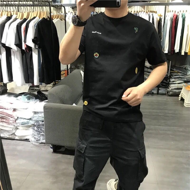 Áo Thun Cổ Tròn Dáng Ôm Thêu Hoạ Tiết Đơn Giản Trẻ Trung Dành Cho Nam Giới