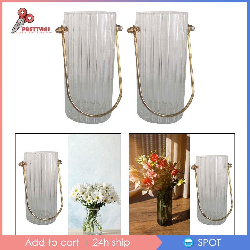 [Prettyia1] Bình Hoa Thủy Tinh Trong Suốt Hình Trụ Với Tay Cầm Kim Loại Kẻ Sọc Tròn