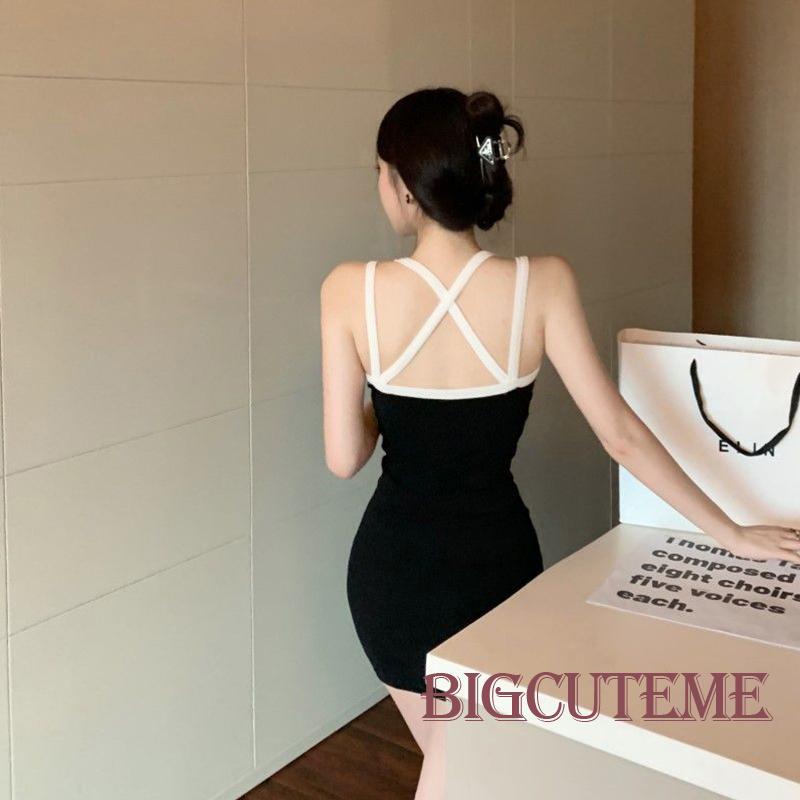 [] - Đầm Mini Hai Dây Ôm Dáng Hở Lưng Đan Dây Chéo Màu Đen Thời Trang Mùa Hè Cho Nữ