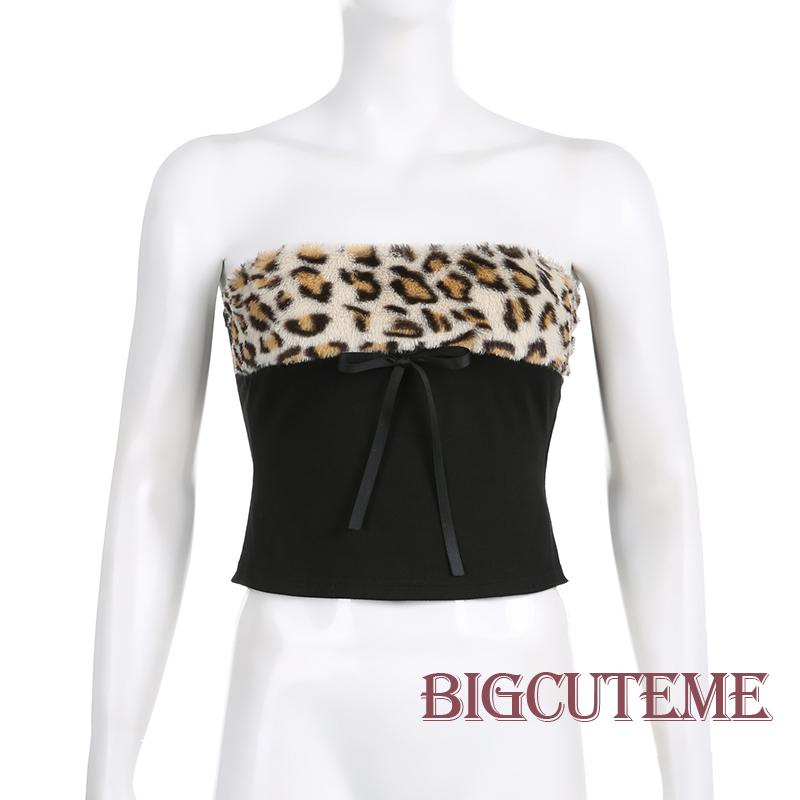 [] - Áo Ống Màu Đen Ghép Vải Họa Tiết Da Báo Đính Nơ Trước Không Dây Hở Lưng Mùa Hè Cho Nữ
