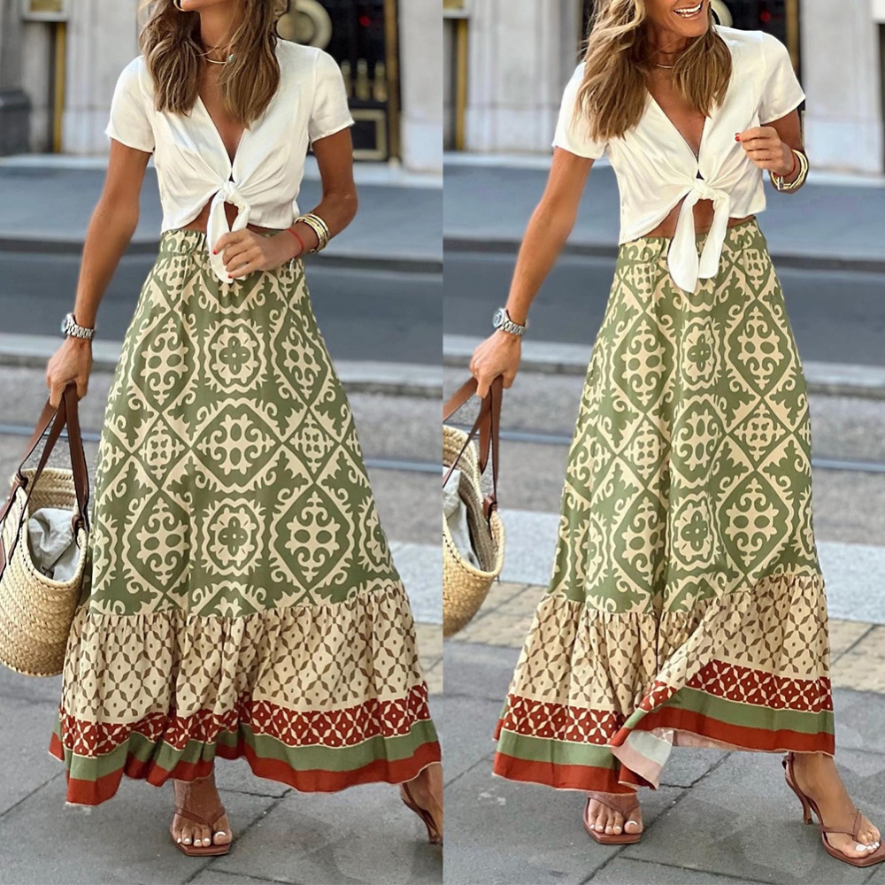 Chân Váy Chữ A Lưng Thun Viền Bèo In Họa Tiết Hình Học Sành Điệu Cho Nữ