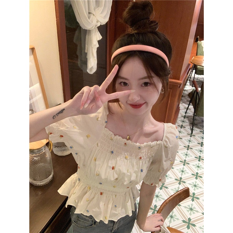 Áo Kiểu Cổ Vuông Tay Phồng In Họa Tiết Hoa Xinh Xắn Thời Trang Kiểu Pháp Cho Nữ