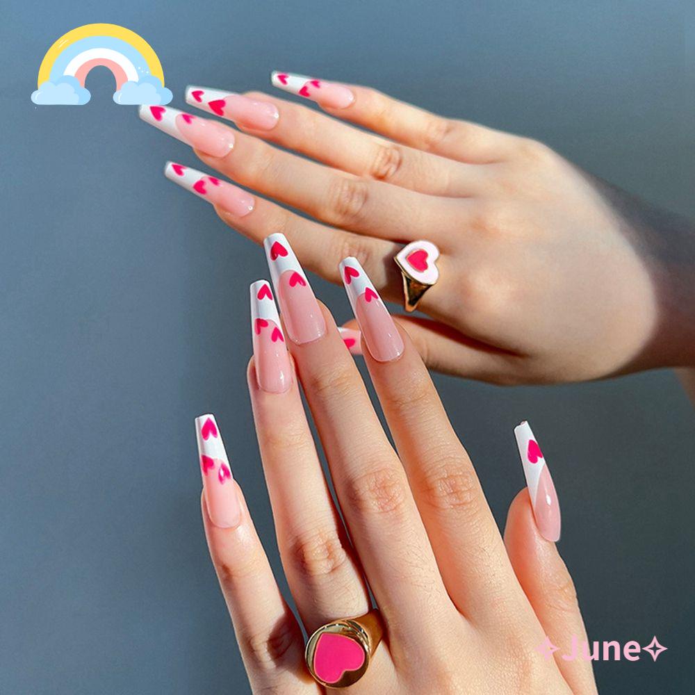 JUNE Bộ 24 Móng Tay Giả Dạng Nhấn Che Phủ Toàn Diện Họa Tiết Trái Tim Màu Đỏ