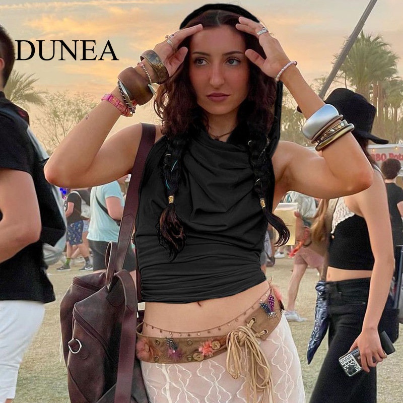 DUNEA Áo Crop Top Hai Dây Màu Trơn Hở Lưng Gợi Cảm Cho Nữ