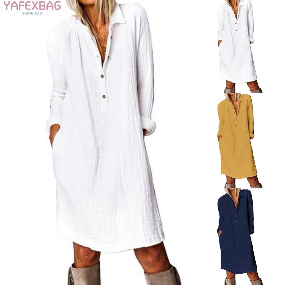 Elegant Women's Plain Dress in Cotton Linen with Long Sleeves and Lapel Neckline