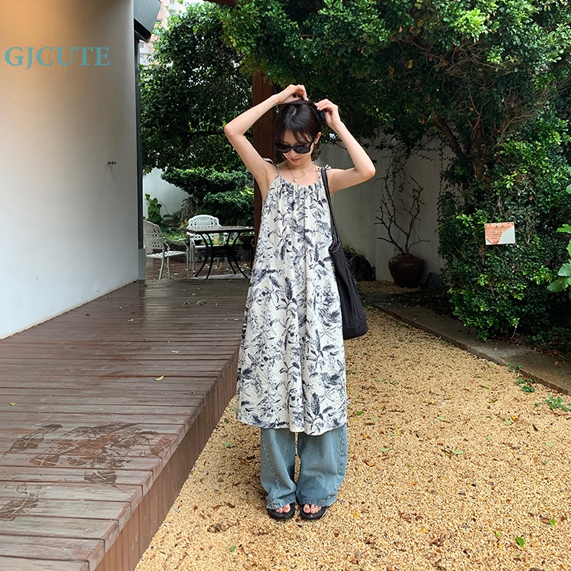 Đầm Hai Dây Dáng Rộng In Họa Tiết Vintage Hàn Quốc Thời Trang Mùa Hè Cho Bạn Gái