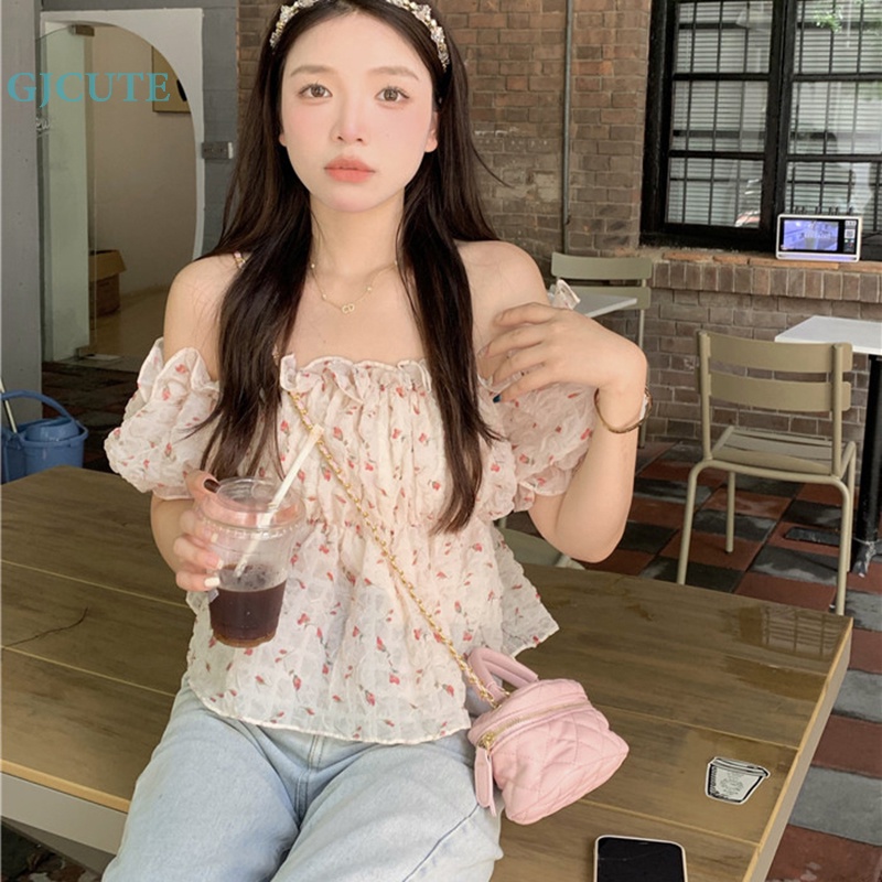 Áo Kiểu Trễ Vai Tay Ngắn Phối Bèo Họa Tiết Hoa Thời Trang Mùa Hè Cho Nữ