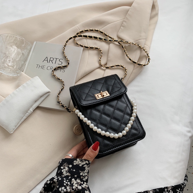 Túi Đeo Chéo Vai Mùa Hè 2023 AC2433 Dáng Vuông Nhỏ Thêu Họa Tiết Đính Hạt Ngọc Trai Có Khóa