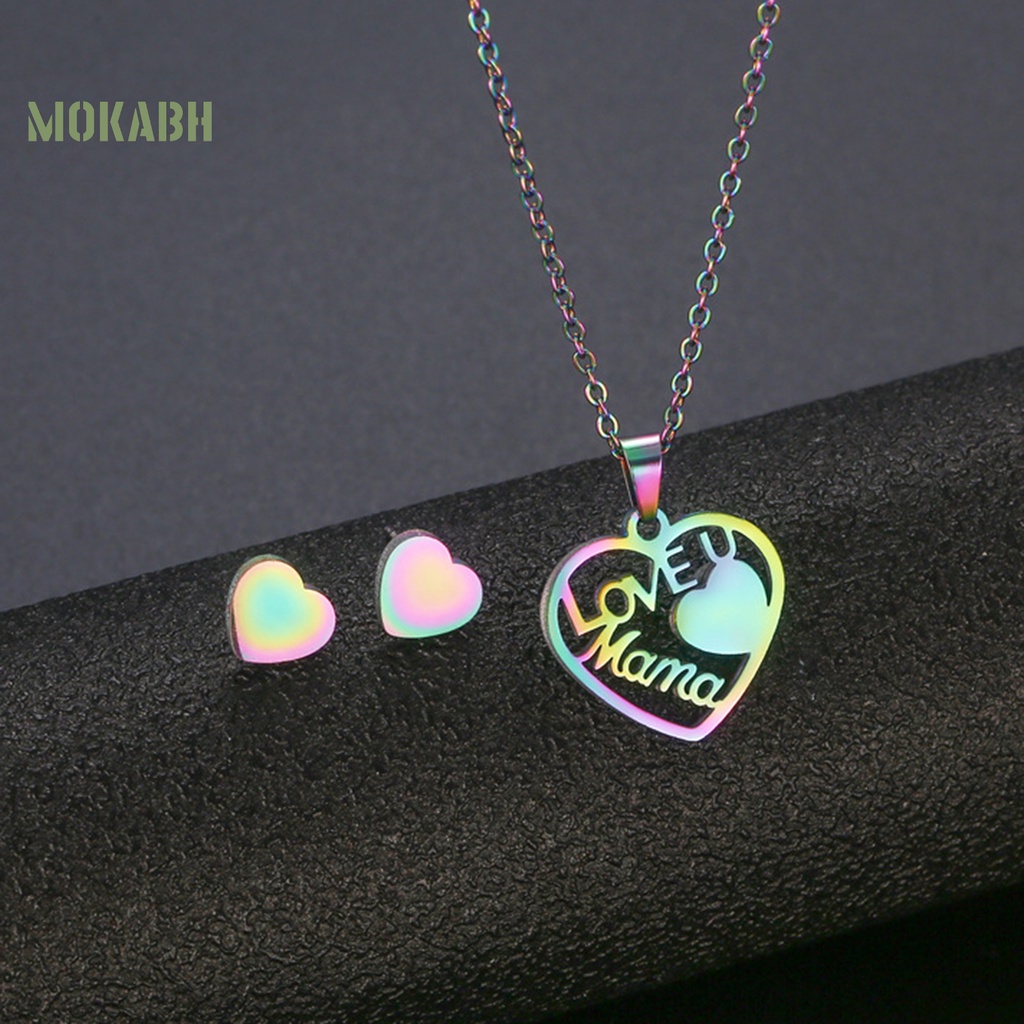 Bộ 2 Vòng cổ + Bông Tai Hình Trái Tim Màu Cầu Vồng Thời Trang Cho Nữ