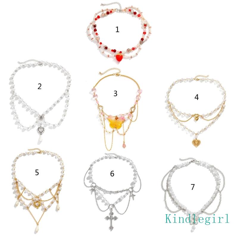 Vòng Cổ Choker Nhiều Lớp Mặt Hình Trái Tim / Bướm / Dâu Tây Đính Ngọc Trai Nhân