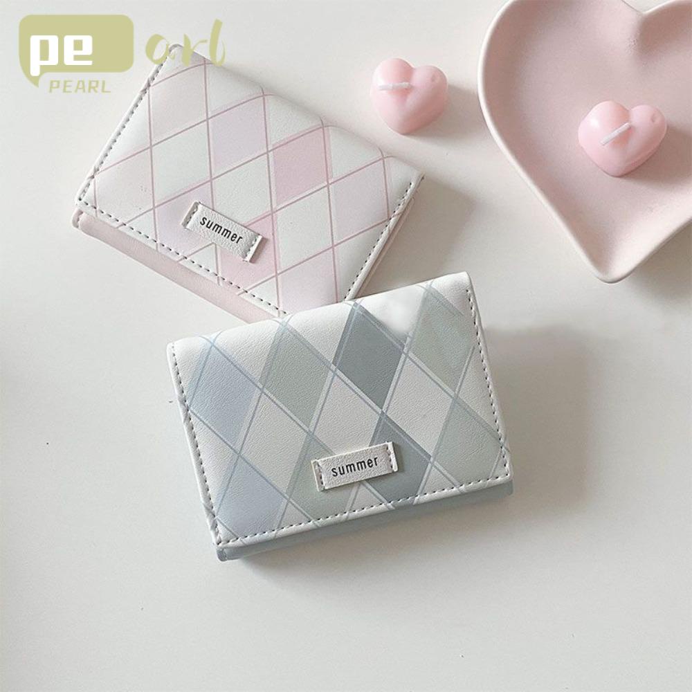 Ví Da PU Đựng Thẻ Tín Dụng Họa Tiết Kẻ Ô Màu Xanh Dương Đính Ngọc Trai Đơn Giản Thời Trang Cho Nữ