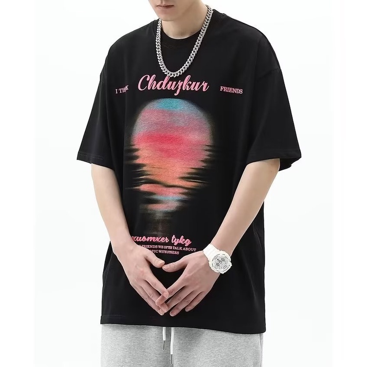 Áo thun cotton YOUTANG ngắn tay in họa tiết hoàng hôn phong cách retro hiphop cho cặp đôi