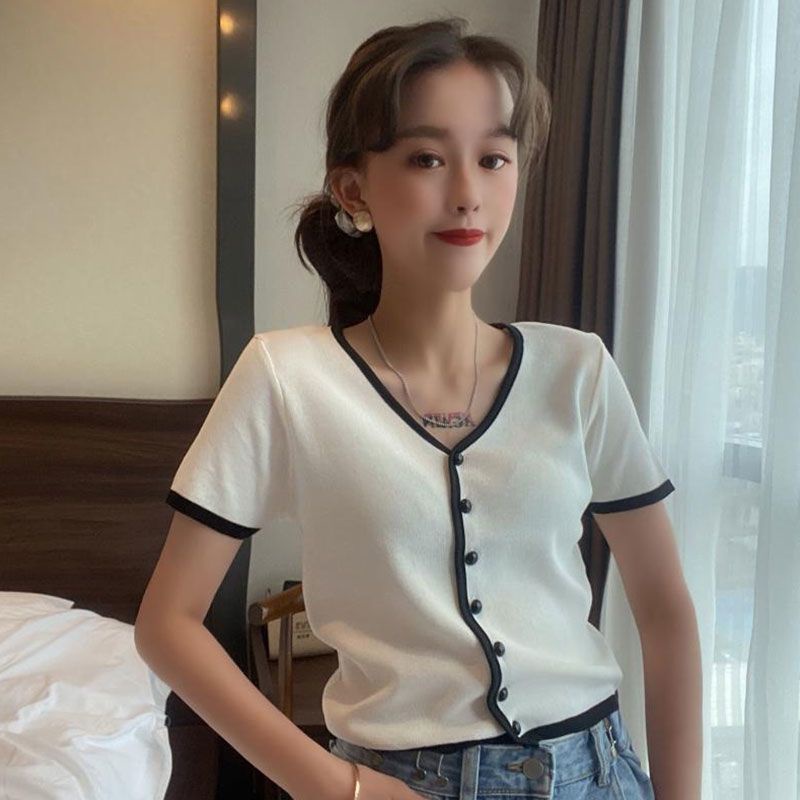 Áo Thun Dệt Kim Ngắn Tay Cổ Chữ V Thời Trang Hàn Quốc 2023 Cho Nữ