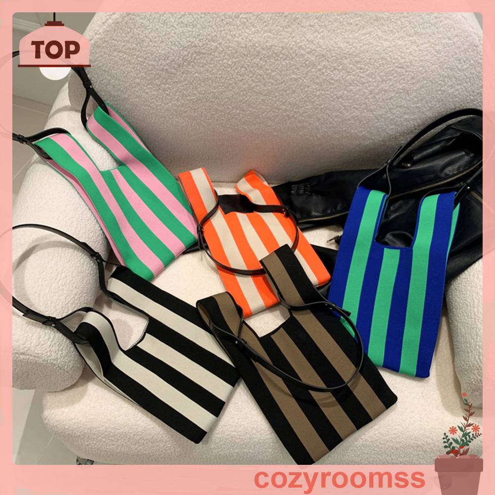 Túi Tote Đan Len Họa Tiết Sọc Tương Phản Thời Trang Cho Nữ