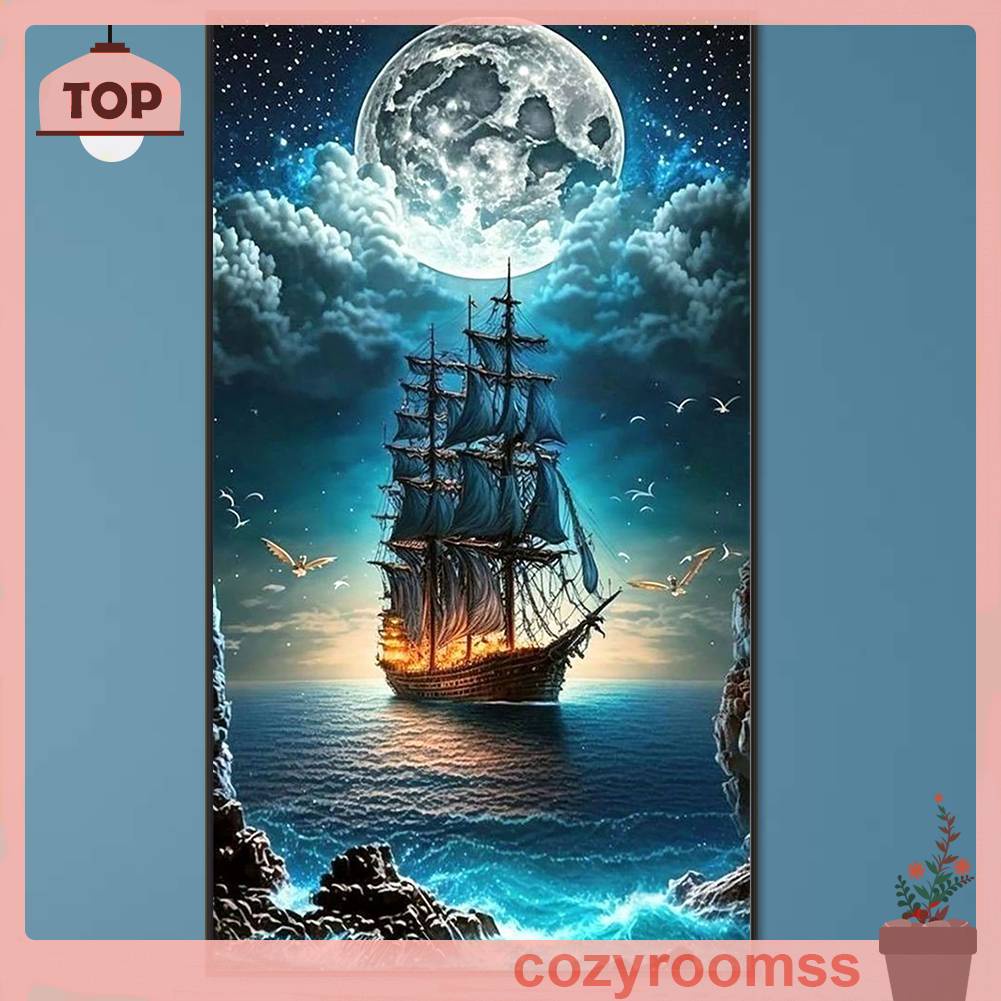 Tranh Đính Đá Kim Cương Toàn Bộ 5D DIY Hình Vẽ Thuyền Buồm Trang Trí Nhà Cửa