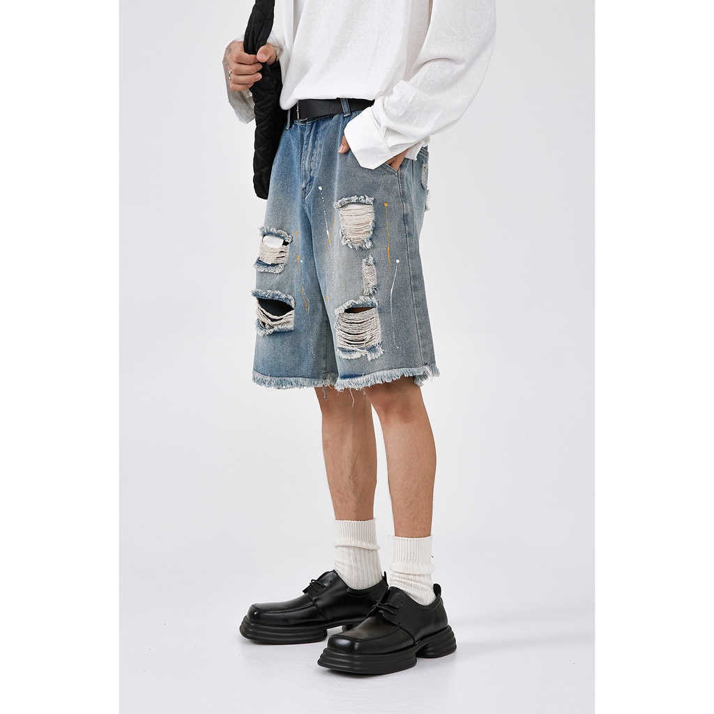 Quần Short Denim Màu Đen Dáng Suông Rách Cá Tính Thiết Kế 5 Điểm Thời Trang Hè Phong Cách Hàn Quốc Cho Nam Và Nữ