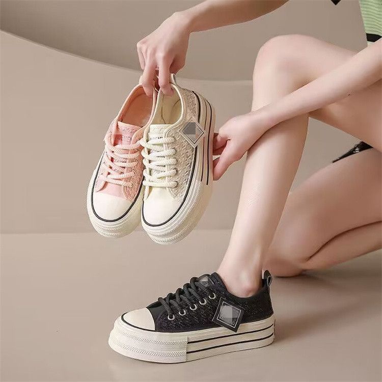 Giày Thể Thao Canvas Đế Dày Tăng Chiều Cao Phối Ren Lưới Thời Trang Mùa Hè Cho Nữ Size 35-43