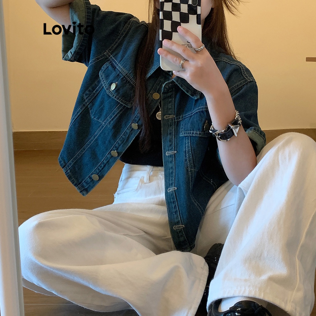 Lovito Áo denim cổ trơn có túi cài nút thông thường cho nữ LNA09136 (Màu xanh da trời)