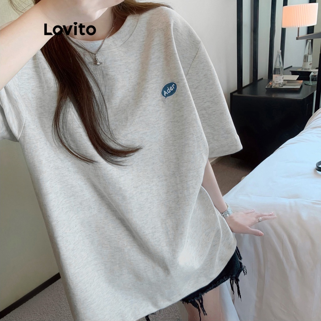 Áo thun Lovito tay ngắn cổ tròn thêu hoạt hình thường ngày cho nữ LNA06194