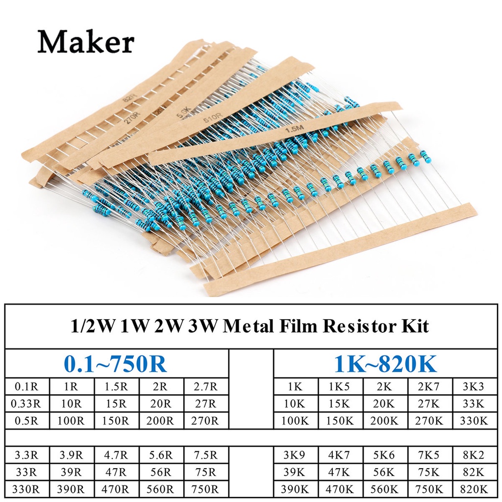 Set Điện Trở Màng Kim Loại 1 / 2W 1 / 4W 1W 2W 3W 5% 0.1~750R 1K ~ 820K