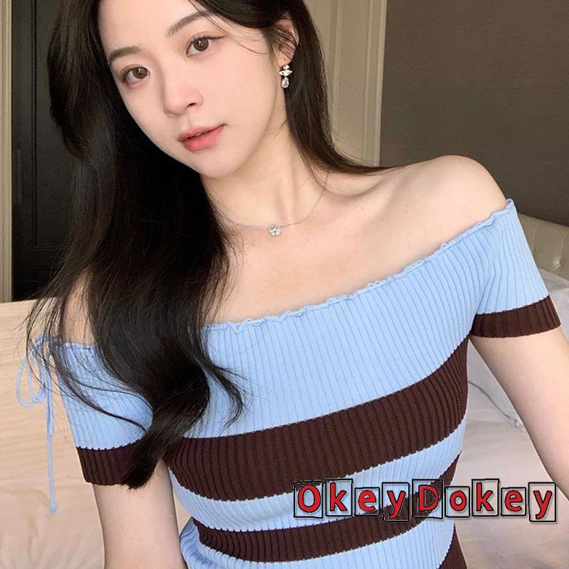 Áo Thun Crop Top Dệt Kim Trễ Vai Tay Ngắn Họa Tiết Kẻ Sọc Cho Nữ