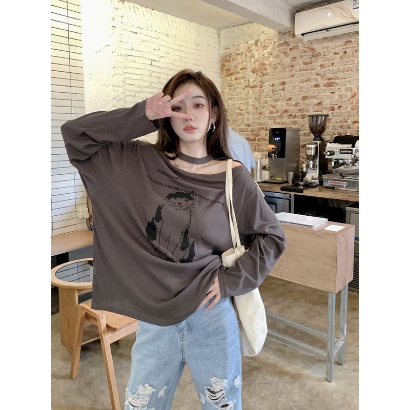 Áo Thun Tay Dài Dáng Rộng Trễ Vai In Họa Tiết Thời Trang Mùa Hè Mới Trẻ Trung Cho Nữ