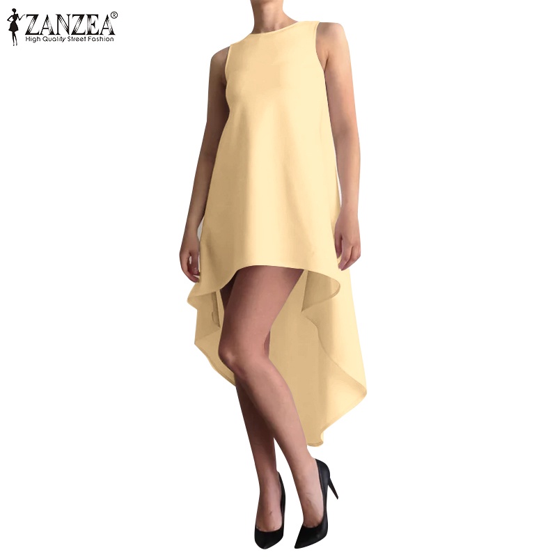 ZANZEA Women's Party Vòng cổ tay không đều Hem xếp li đầm màu rắn