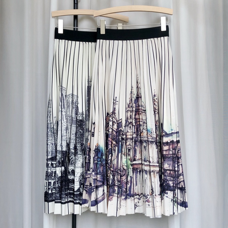 Chân Váy Chữ a Xếp Ly Kẻ Sọc In Hình Lâu Đài Thời Trang