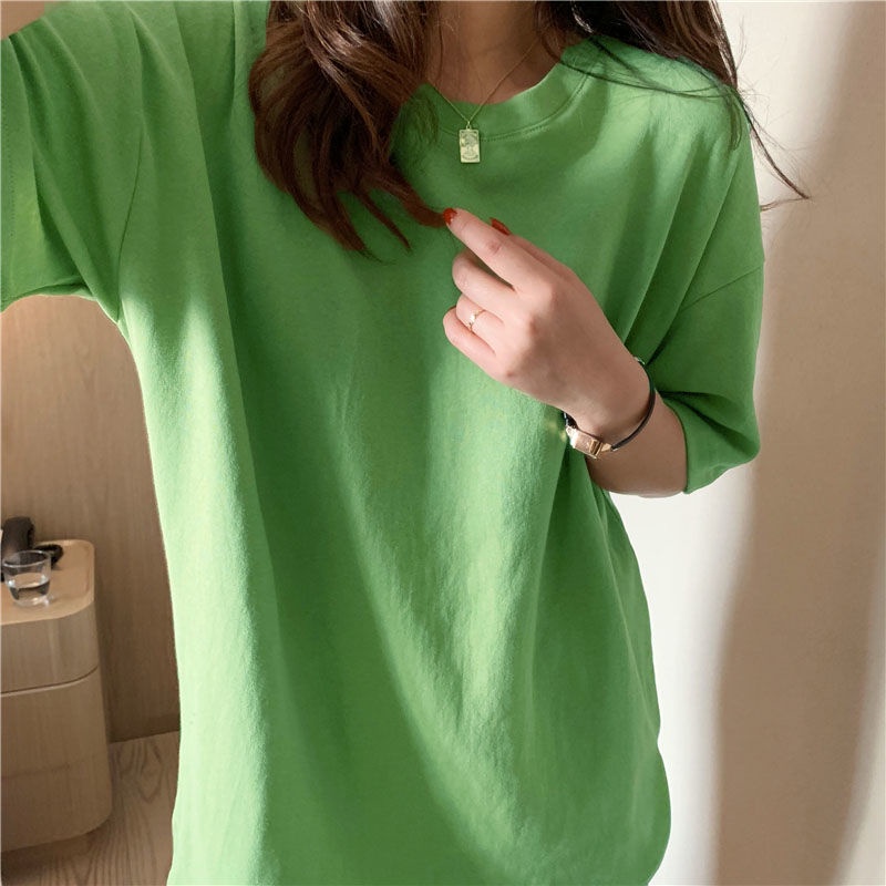 Áo Thun Mùa Hè 100% Cotton Tay Ngắn Cổ Tròn Màu Sắc Đơn Giản Cho Nữ